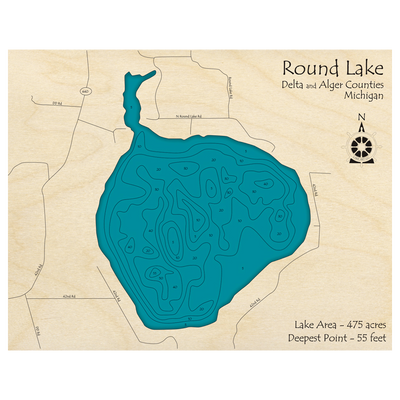 Bathymetric topo map of Round Lake, MI with roads, towns and depths noted in blue water.