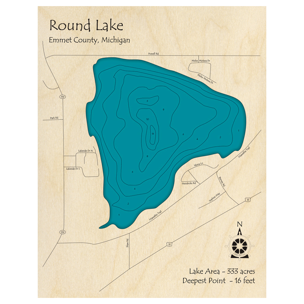 Bathymetric topo map of Round Lake, MI with roads, towns and depths noted in blue water.