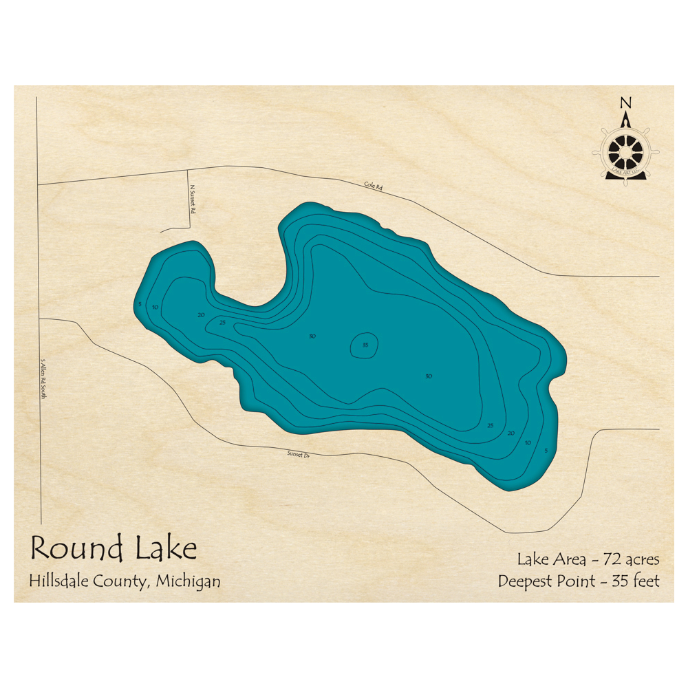 Bathymetric topo map of Round Lake, MI with roads, towns and depths noted in blue water.