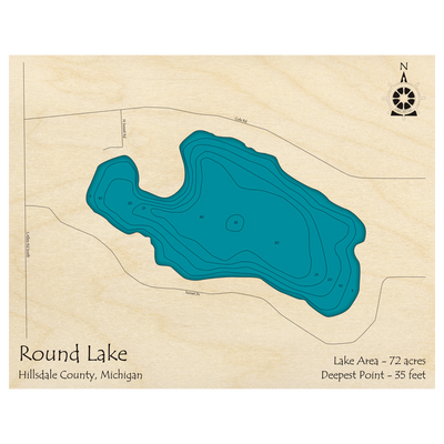Bathymetric topo map of Round Lake, MI with roads, towns and depths noted in blue water.
