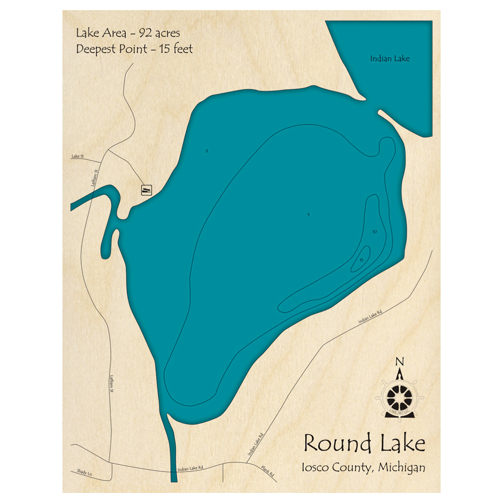 Bathymetric topo map of Round Lake, MI with roads, towns and depths noted in blue water.