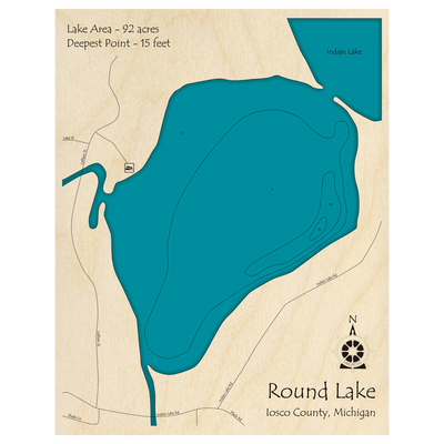 Bathymetric topo map of Round Lake, MI with roads, towns and depths noted in blue water.