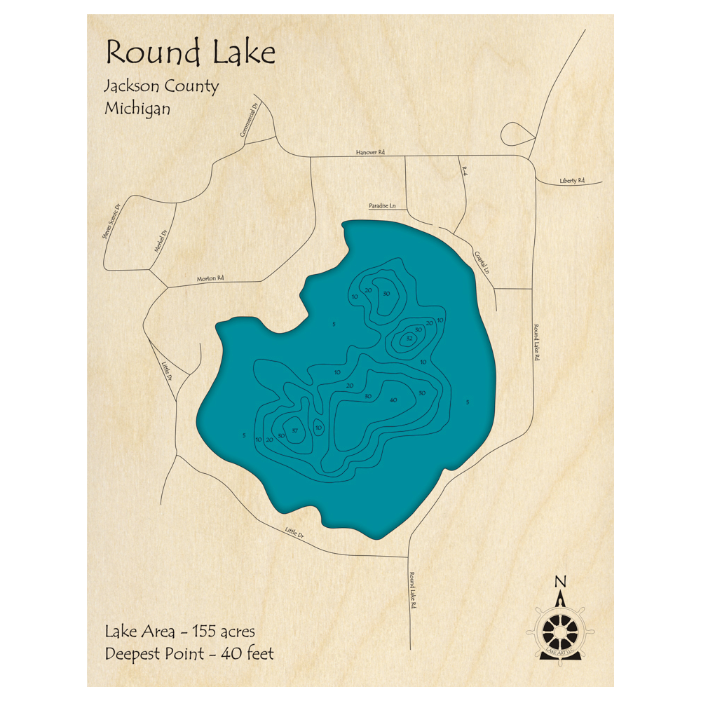 Bathymetric topo map of Round Lake, MI with roads, towns and depths noted in blue water.