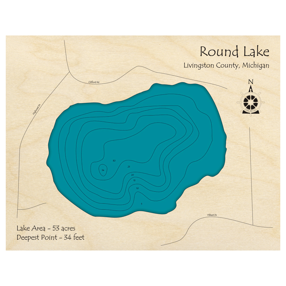 Bathymetric topo map of Round Lake, MI with roads, towns and depths noted in blue water.