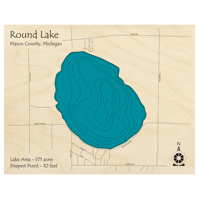 Bathymetric topo map of Round Lake, MI with roads, towns and depths noted in blue water.