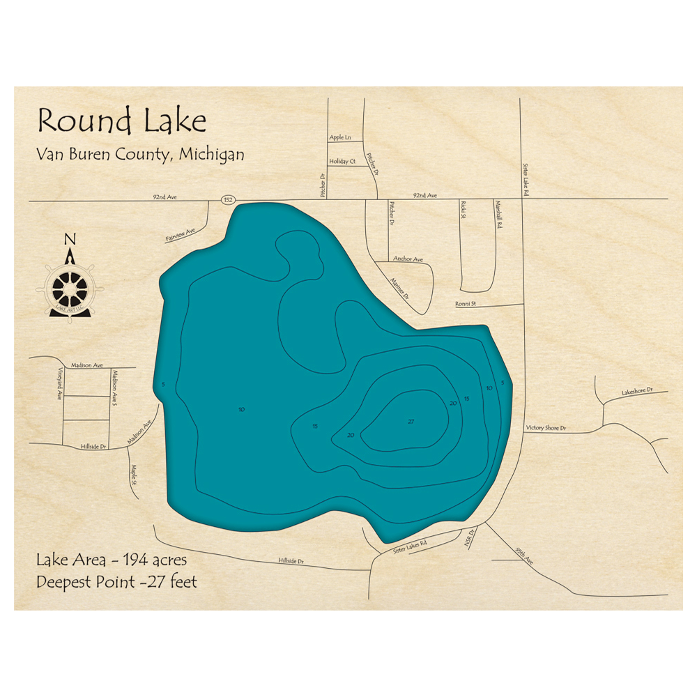 Bathymetric topo map of Round Lake, MI with roads, towns and depths noted in blue water.