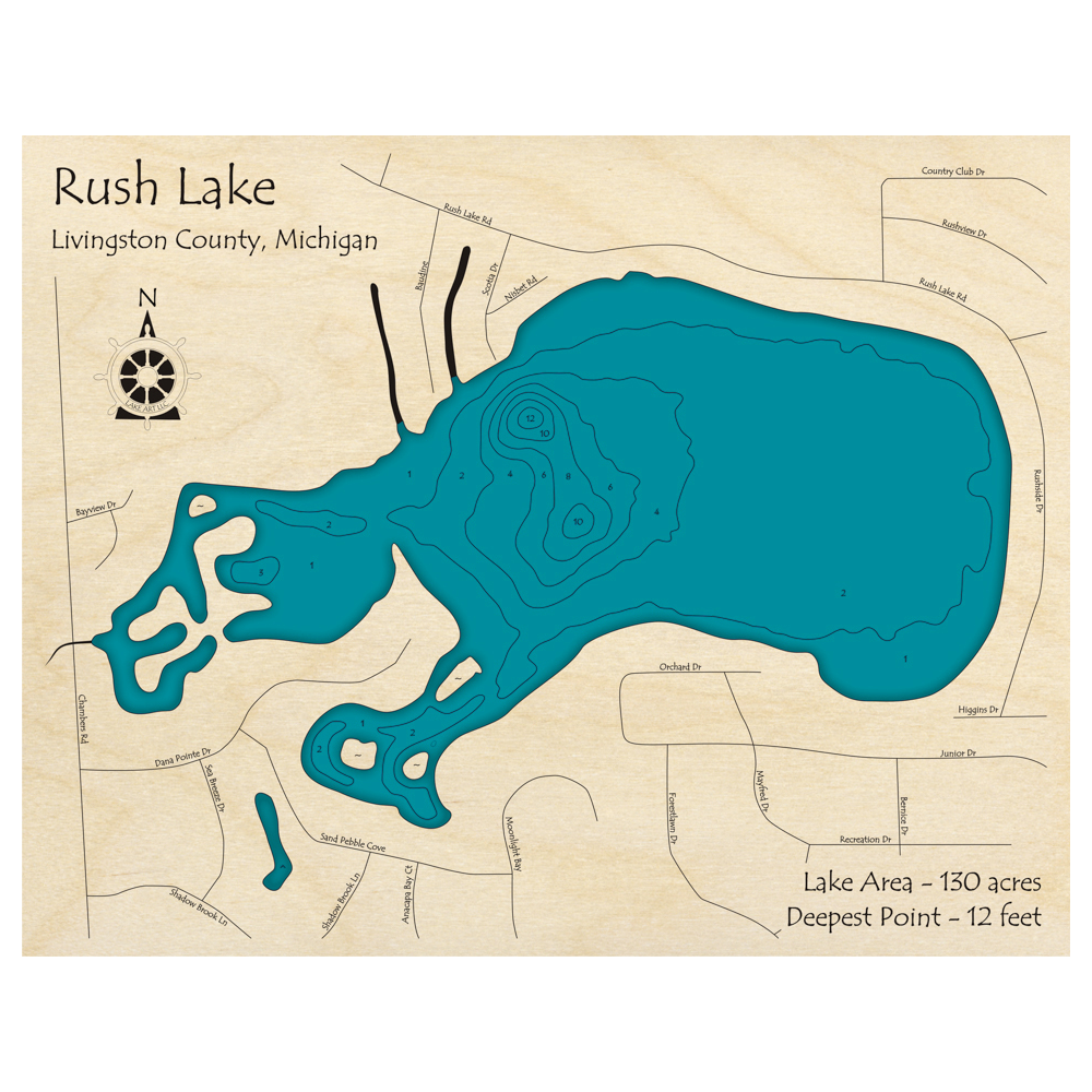Bathymetric topo map of Rush Lake, MI with roads, towns and depths noted in blue water.