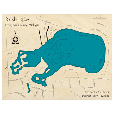 Bathymetric topo map of Rush Lake, MI with roads, towns and depths noted in blue water.