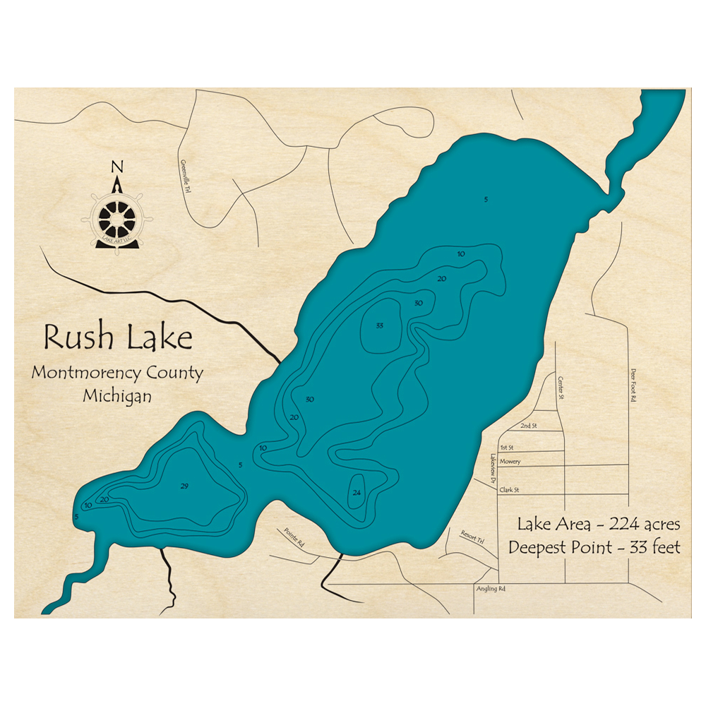 Bathymetric topo map of Rush Lake, MI with roads, towns and depths noted in blue water.