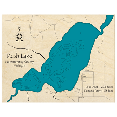 Bathymetric topo map of Rush Lake, MI with roads, towns and depths noted in blue water.