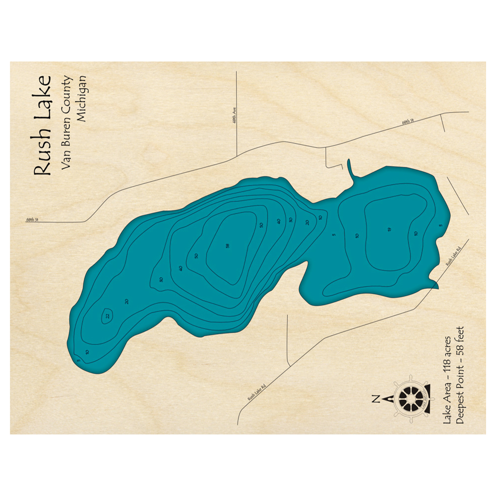Bathymetric topo map of Rush Lake, MI with roads, towns and depths noted in blue water.