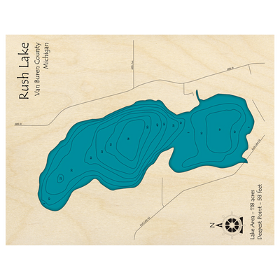 Bathymetric topo map of Rush Lake, MI with roads, towns and depths noted in blue water.