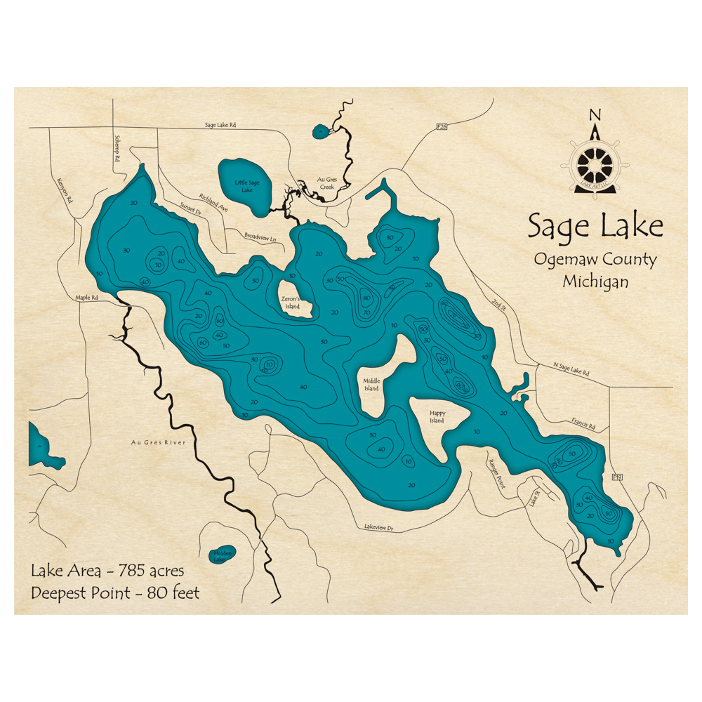 Bathymetric topo map of Sage Lake, MI with roads, towns and depths noted in blue water.