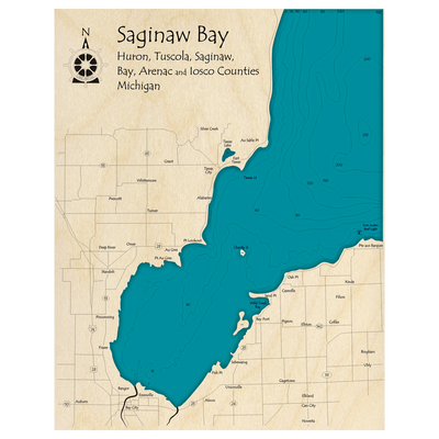 Bathymetric topo map of Saginaw Bay, MI with roads, towns and depths noted in blue water.
