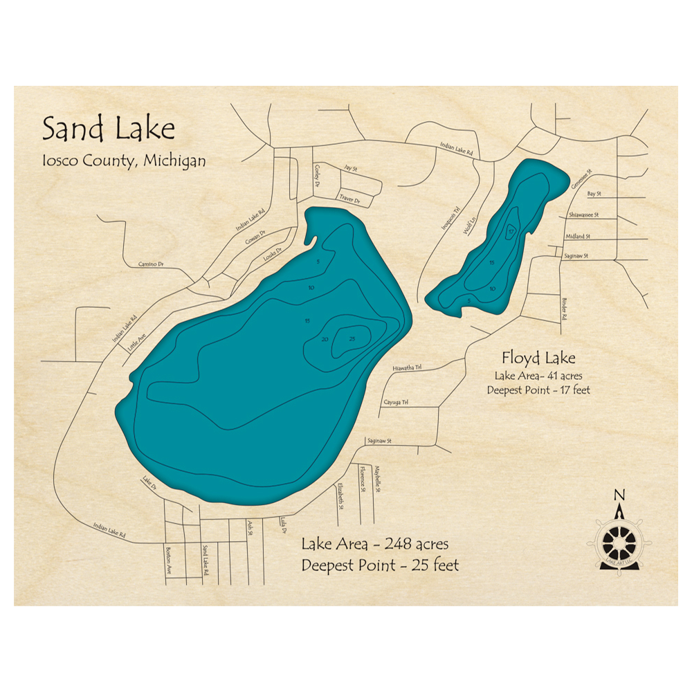Bathymetric topo map of Sand Lake, MI with roads, towns and depths noted in blue water.