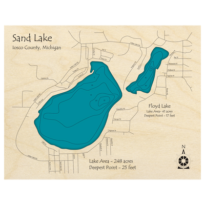 Bathymetric topo map of Sand Lake, MI with roads, towns and depths noted in blue water.