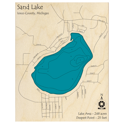 Bathymetric topo map of Sand Lake, MI with roads, towns and depths noted in blue water.