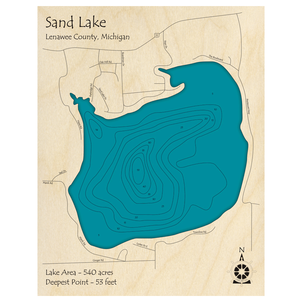 Bathymetric topo map of Sand Lake, MI with roads, towns and depths noted in blue water.
