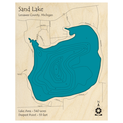 Bathymetric topo map of Sand Lake, MI with roads, towns and depths noted in blue water.