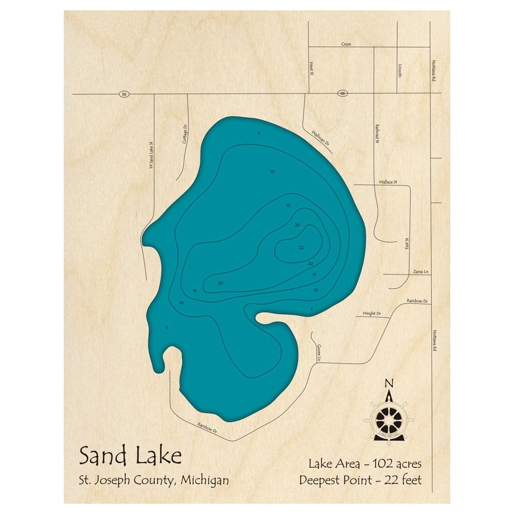 Bathymetric topo map of Sand Lake, MI with roads, towns and depths noted in blue water.