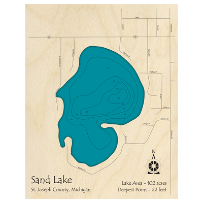 Bathymetric topo map of Sand Lake, MI with roads, towns and depths noted in blue water.
