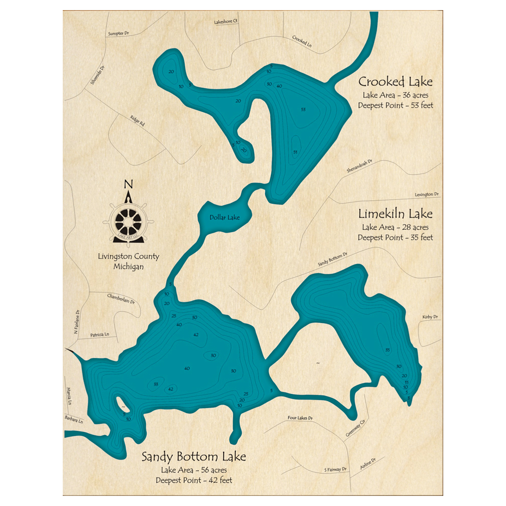 Bathymetric topo map of Sandy Bottom Lake, MI with roads, towns and depths noted in blue water.