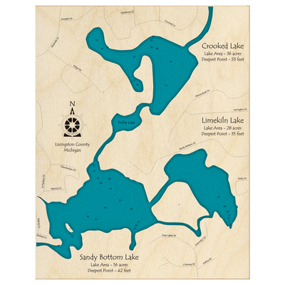 Bathymetric topo map of Sandy Bottom Lake, MI with roads, towns and depths noted in blue water.