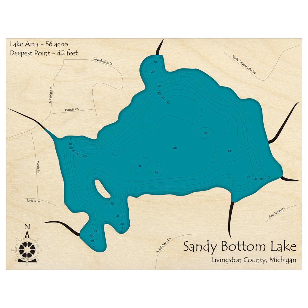 Bathymetric topo map of Sandy Bottom Lake, MI with roads, towns and depths noted in blue water.