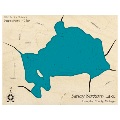 Bathymetric topo map of Sandy Bottom Lake, MI with roads, towns and depths noted in blue water.