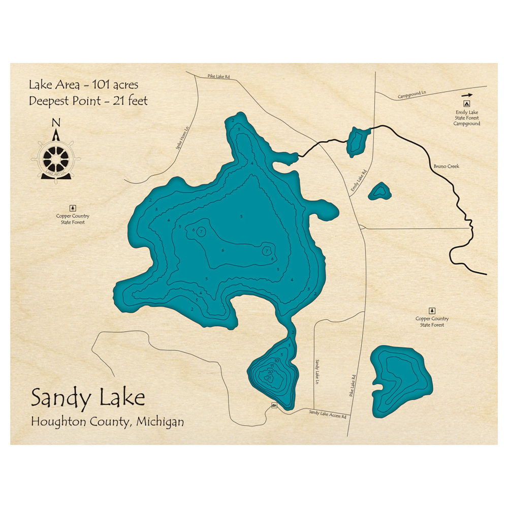 Bathymetric topo map of Sandy Lake, MI with roads, towns and depths noted in blue water.
