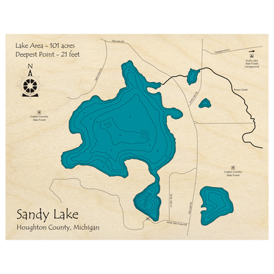Bathymetric topo map of Sandy Lake, MI with roads, towns and depths noted in blue water.