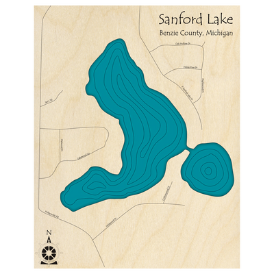 Bathymetric topo map of Sanford Lake, MI with roads, towns and depths noted in blue water.