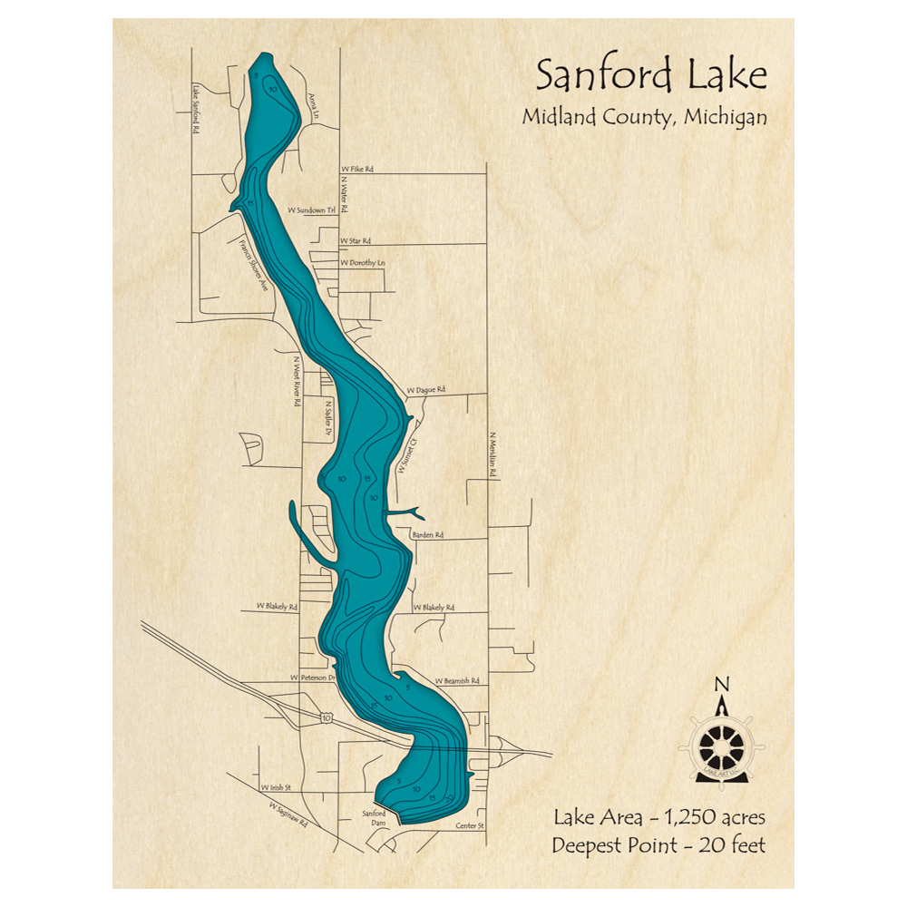 Bathymetric topo map of Sanford Lake, MI with roads, towns and depths noted in blue water.