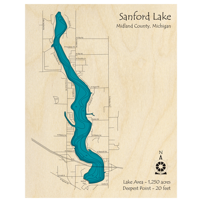 Bathymetric topo map of Sanford Lake, MI with roads, towns and depths noted in blue water.