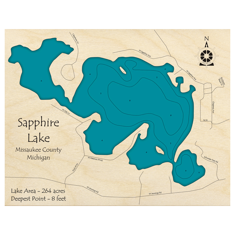 Bathymetric topo map of Sapphire Lake, MI with roads, towns and depths noted in blue water.