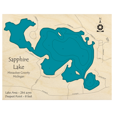Bathymetric topo map of Sapphire Lake, MI with roads, towns and depths noted in blue water.