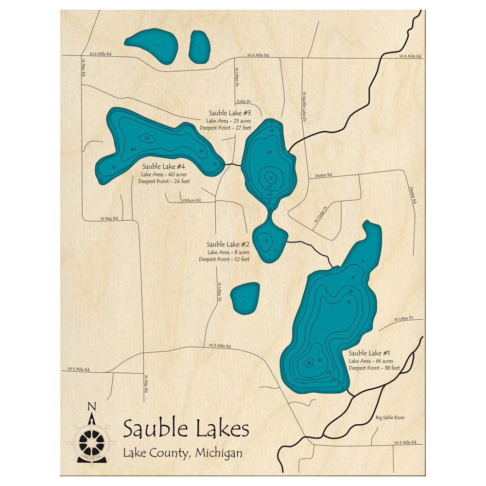 Bathymetric topo map of Sauble Lakes, MI with roads, towns and depths noted in blue water.