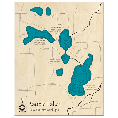 Bathymetric topo map of Sauble Lakes, MI with roads, towns and depths noted in blue water.