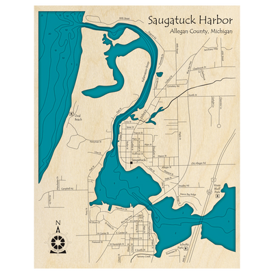 Bathymetric topo map of Saugatuck Harbor, MI with roads, towns and depths noted in blue water.