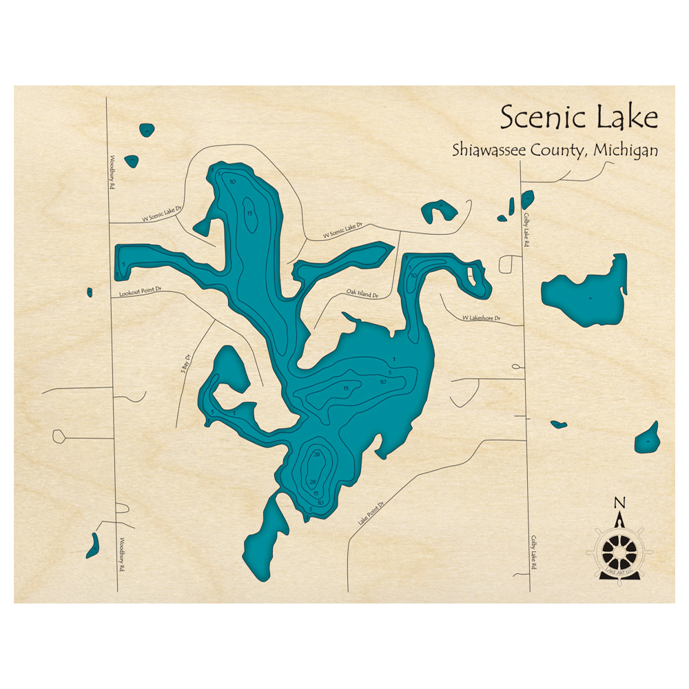 Bathymetric topo map of Scenic Lake, MI with roads, towns and depths noted in blue water.