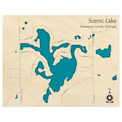 Bathymetric topo map of Scenic Lake, MI with roads, towns and depths noted in blue water.