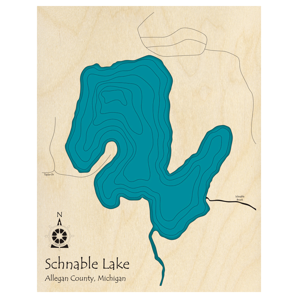 Bathymetric topo map of Schnable Lake, MI with roads, towns and depths noted in blue water.