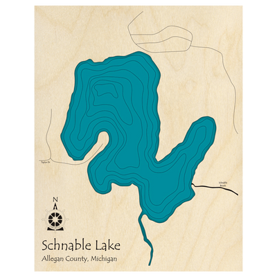 Bathymetric topo map of Schnable Lake, MI with roads, towns and depths noted in blue water.