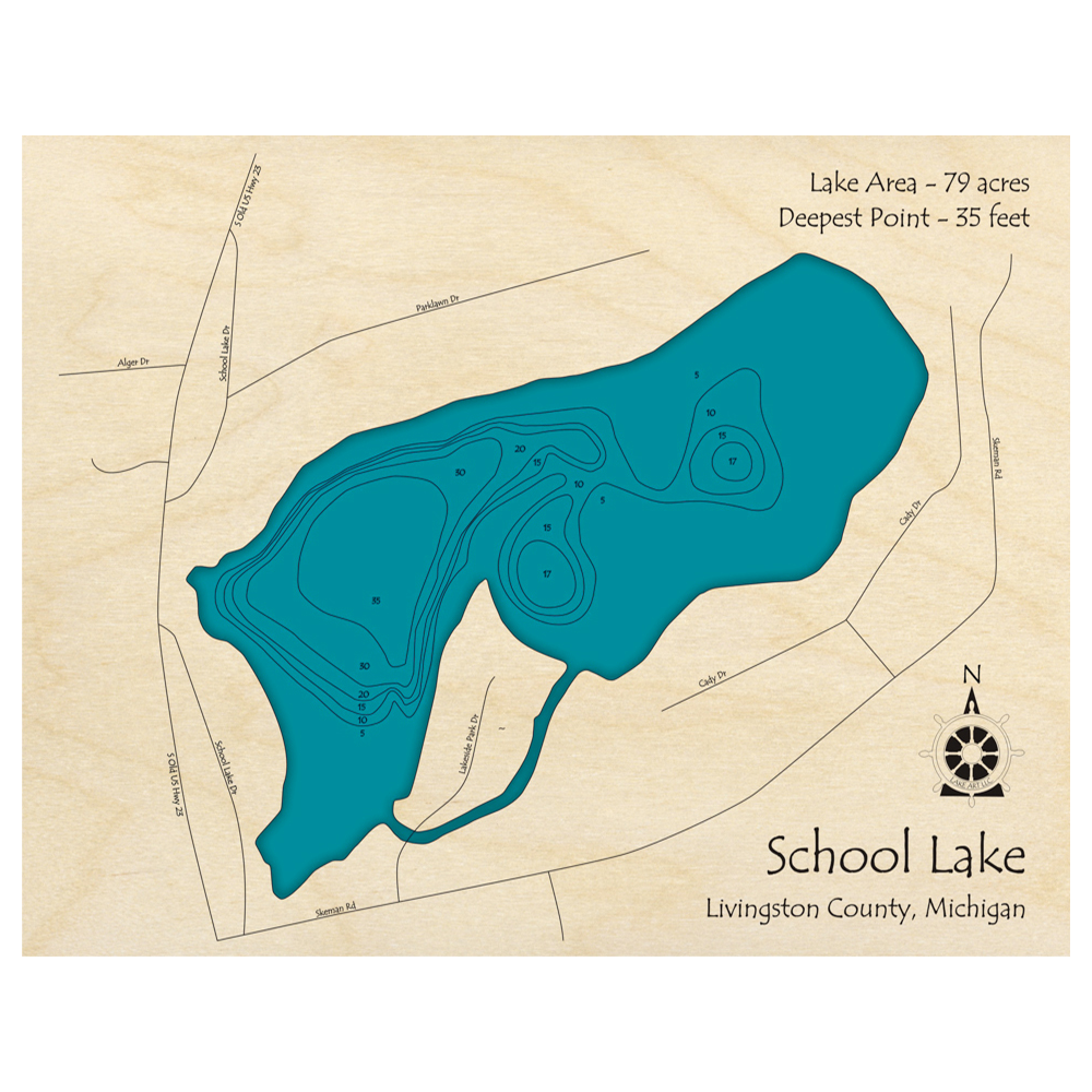 Bathymetric topo map of School Lake, MI with roads, towns and depths noted in blue water.