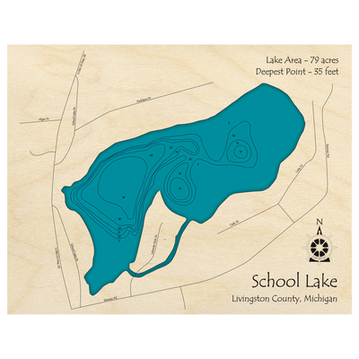 Bathymetric topo map of School Lake, MI with roads, towns and depths noted in blue water.