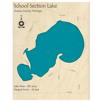 Bathymetric topo map of School Section Lake, MI with roads, towns and depths noted in blue water.