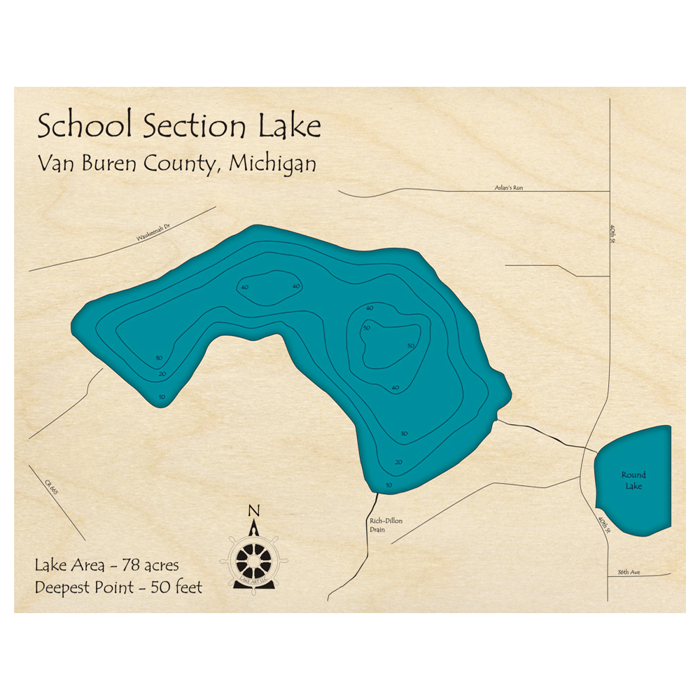 Bathymetric topo map of School Section Lake, MI with roads, towns and depths noted in blue water.