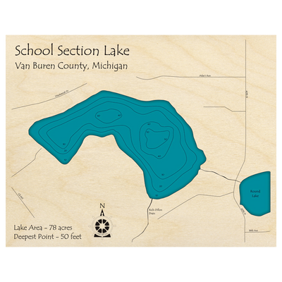 Bathymetric topo map of School Section Lake, MI with roads, towns and depths noted in blue water.