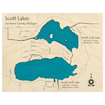 Bathymetric topo map of Scott Lakes, MI with roads, towns and depths noted in blue water.