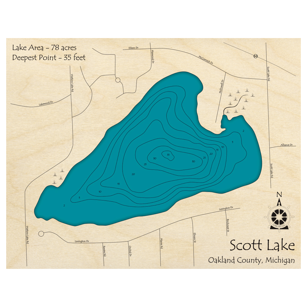 Bathymetric topo map of Scott Lake, MI with roads, towns and depths noted in blue water.